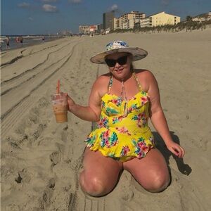 Forever 21 Plus Yellow Floral Peplum Halter One Piece Retro Swimsuit 2X